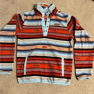 Cinch Orange and Blue Zip Up Sweater with Geometric Pattern